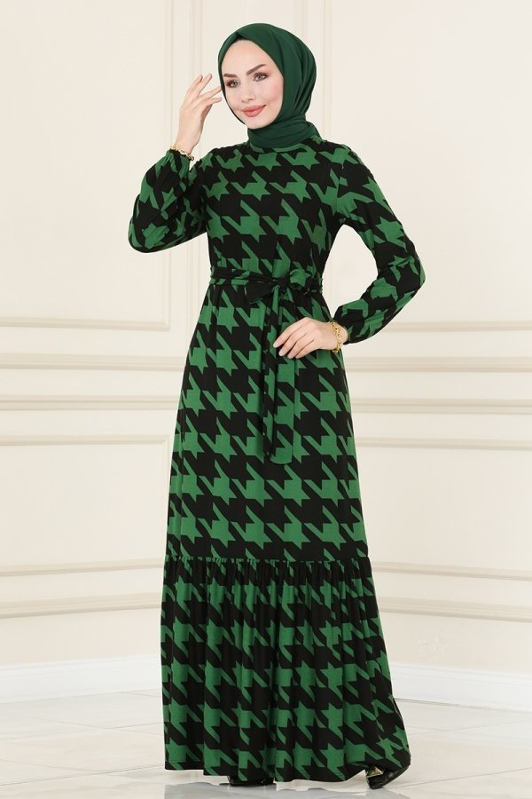 Moda Selvim Siyah & Benetton Yeşili Eteği Fırfırlı Desenli Elbise