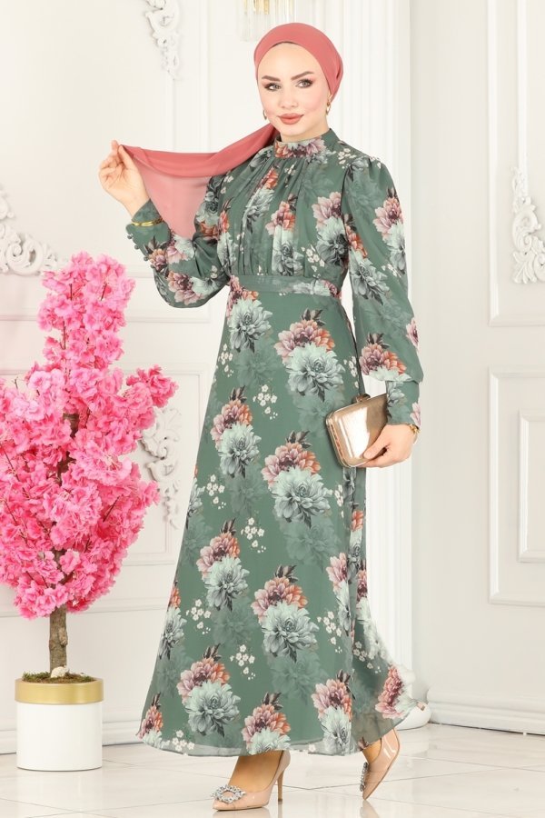 Moda Selvim Mint Çiçek Desenli Şifon Elbise