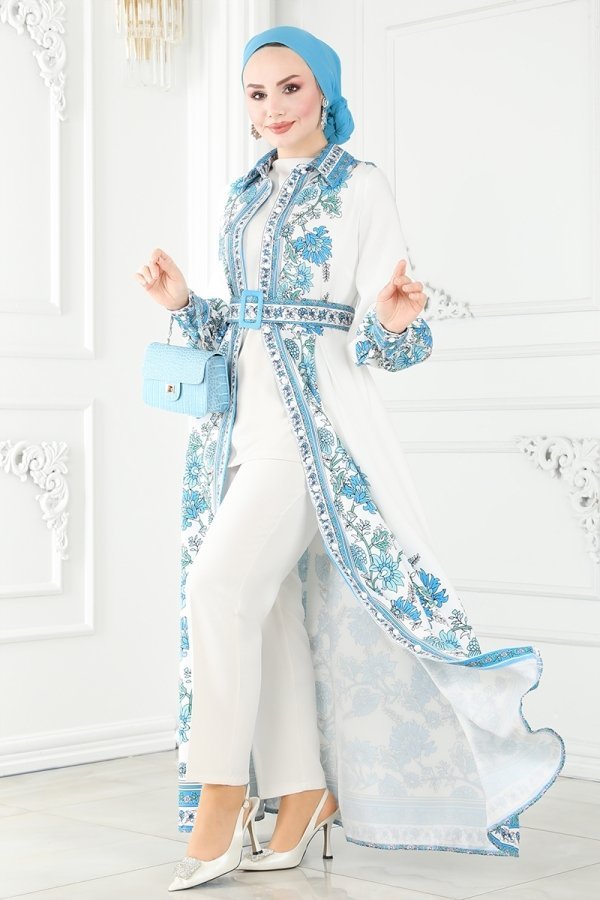 Moda Selvim Mavi Çiçek Desenli Atlas Elbise