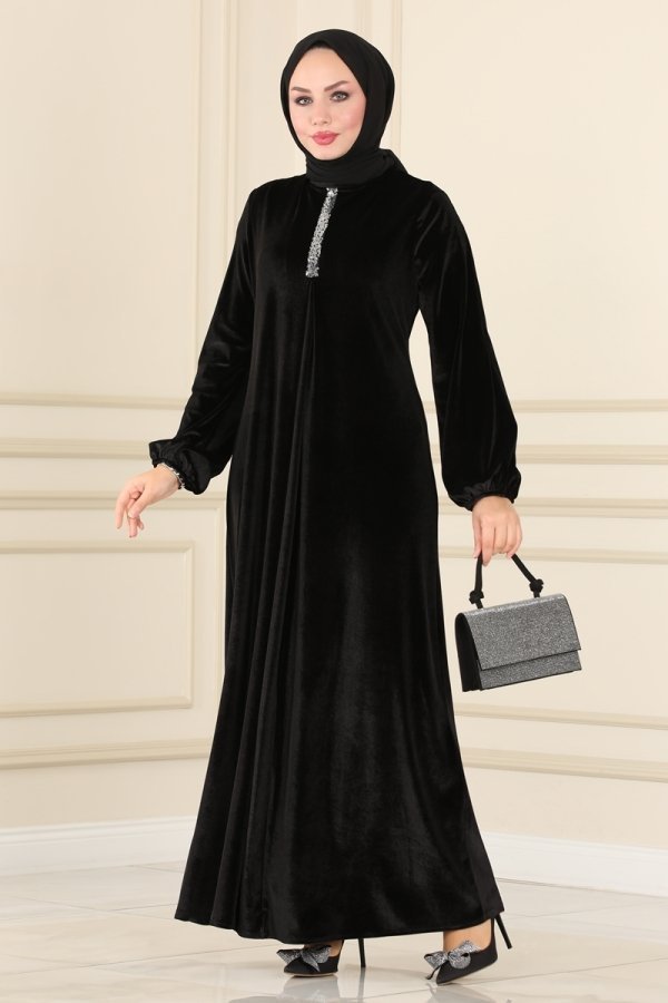 Moda Selvim Siyah A Pileli Kadife Elbise