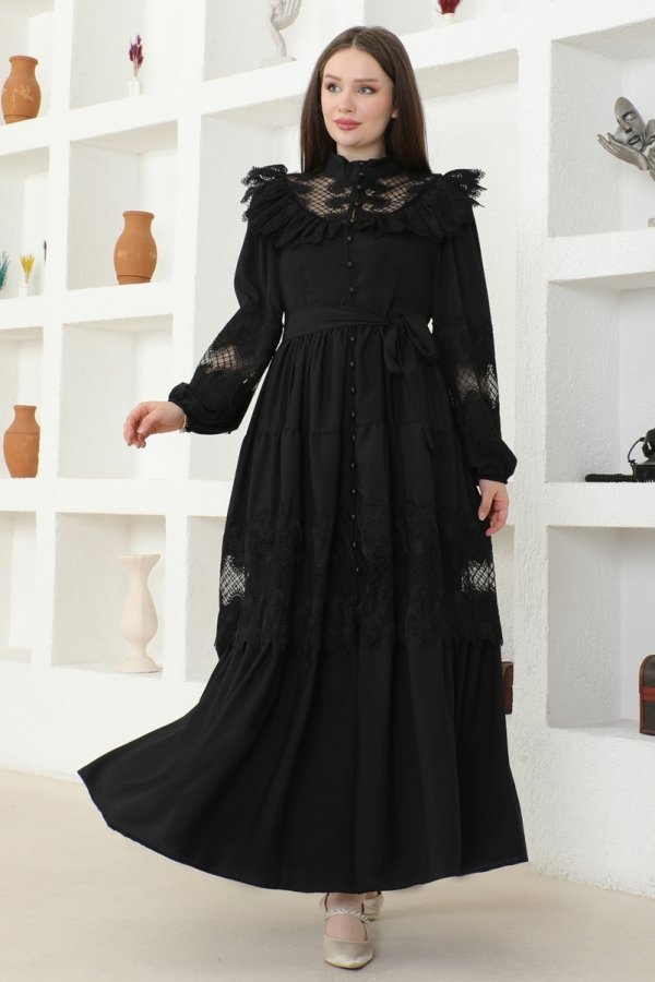 Moda Selvim Siyah Sual Dantel Detaylı Kemerli Elbise