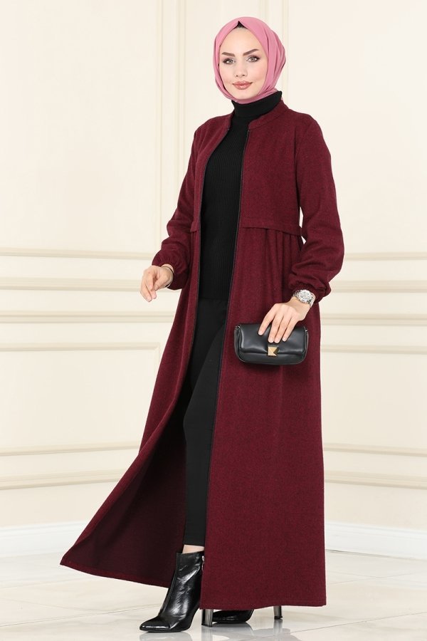 Moda Selvim Bordo Pat Detaylı Kışlık Ferace