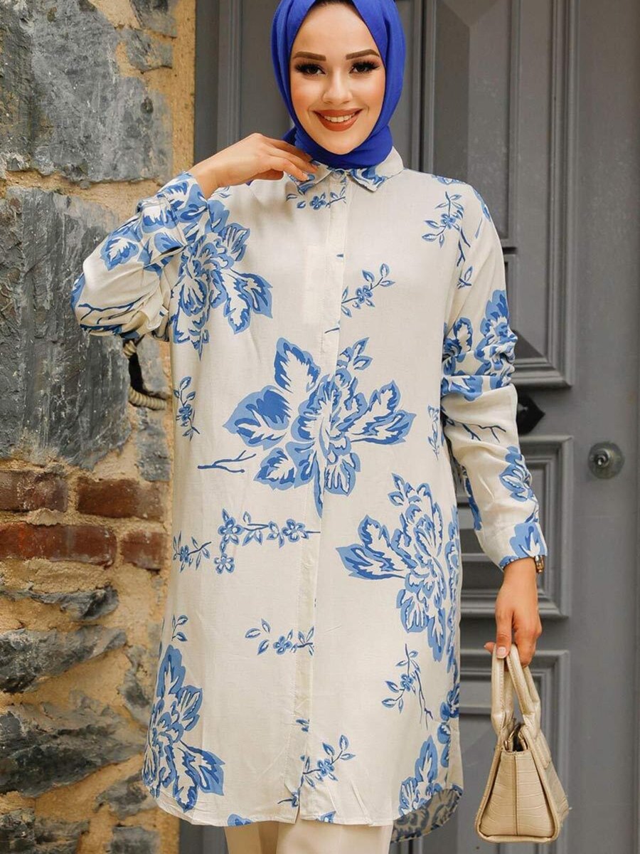 Neva Style Desenli İndigo Mavisi Tunik