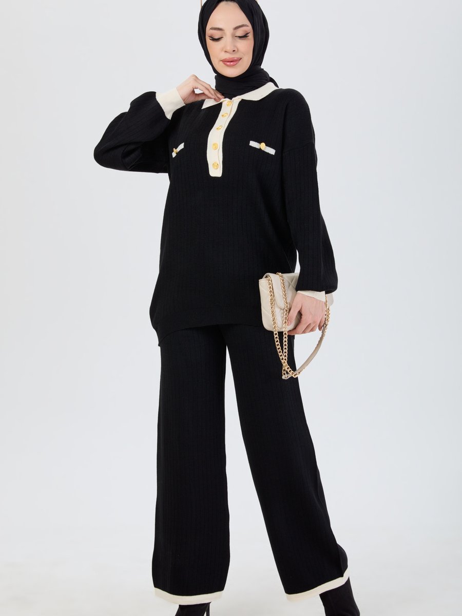 Tofisa Sıyah Metal Düğme Detaylı Tunik Pantolon Triko Takım