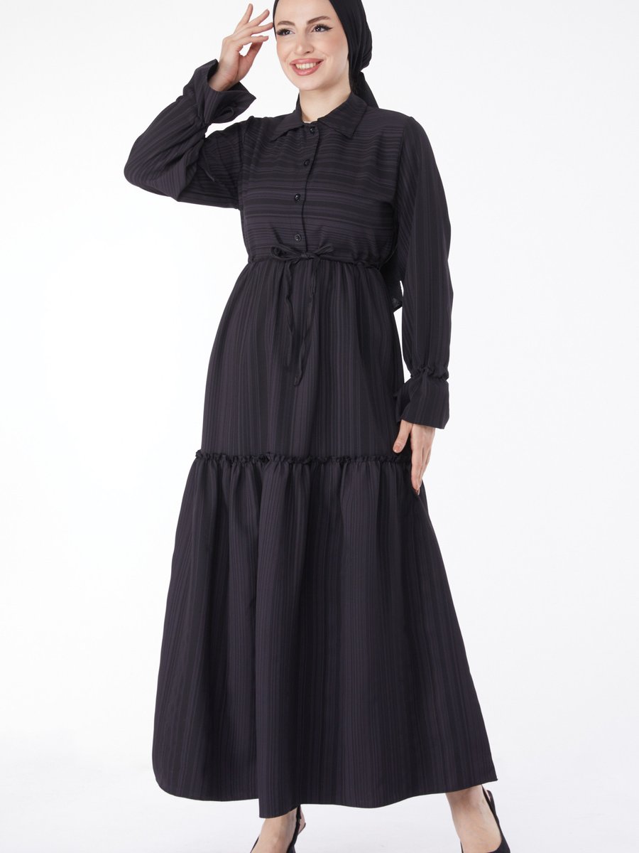 Tofisa Düz Yaka Siyah Beli Bağcık Detaylı Gömlek Elbise