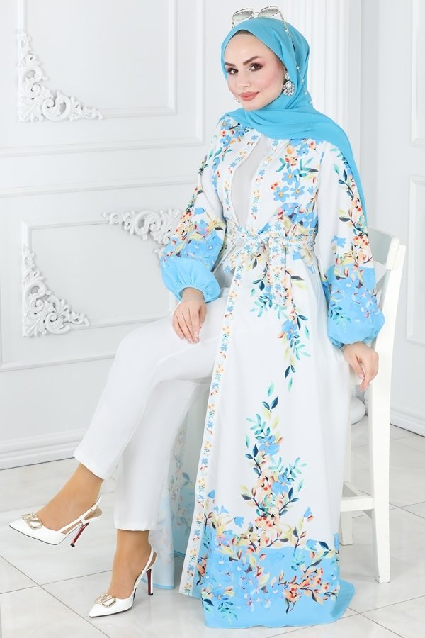 Moda Selvim Mavi & Ekru Çiçek Desenli Elbise