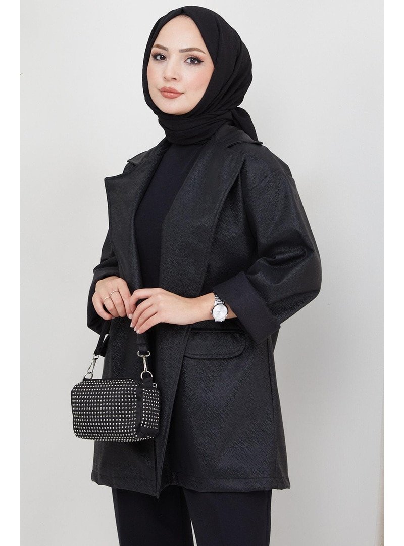 Hafsa Mina Siyah Sim Görünümlü Suni Deri Ceket