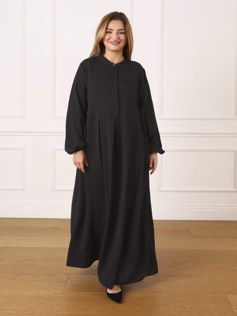 Alia Siyah Hakim Yaka Düğme Detaylı Büyük Beden Aerobin Elbise