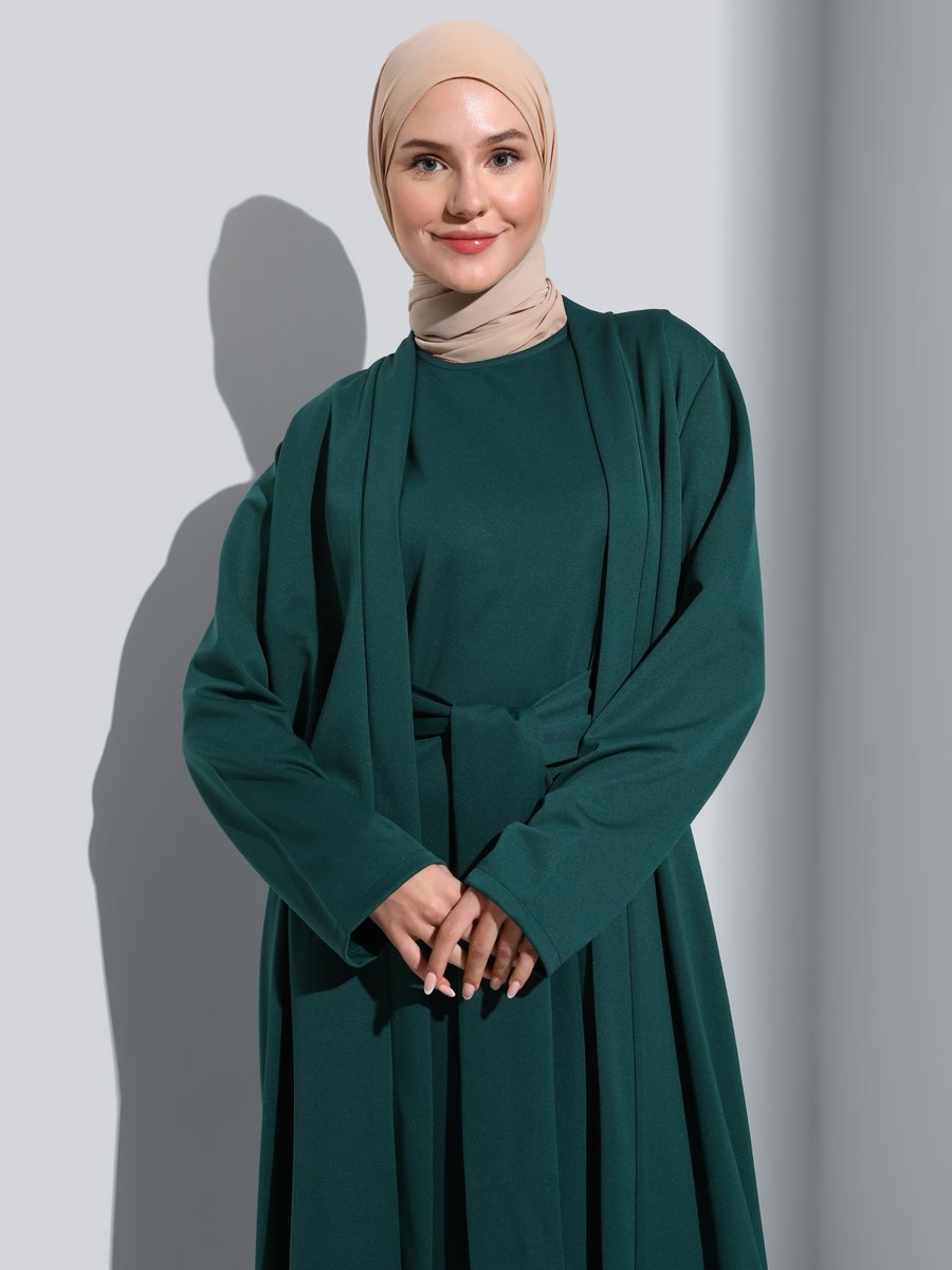 Refka Zümrüt Yeşili Kuşak Detaylı Elbise & Ferace İkili Takım