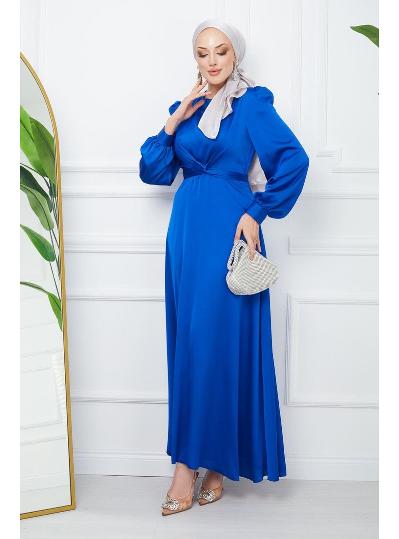 İmaj Butik Saks Mavi Bağlama Detaylı Saten Abiye Elbise
