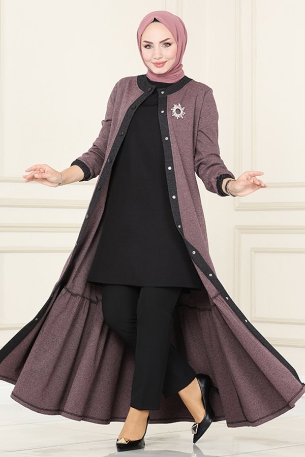 Moda Selvim Koyu Gül Kurusu Eteği Fırfırlı Kışlık Elbise & Ferace