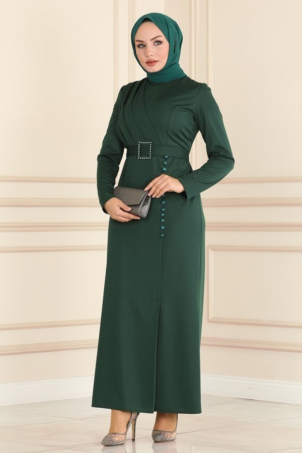 Moda Selvim Zümrüt Aksesuar Düğmeli Kalem Elbise