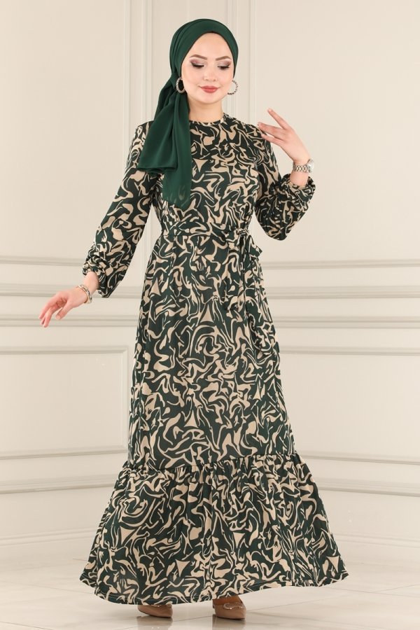 Moda Selvim Desen 4 Zümrüt Eteği Fırfırlı Helen Elbise