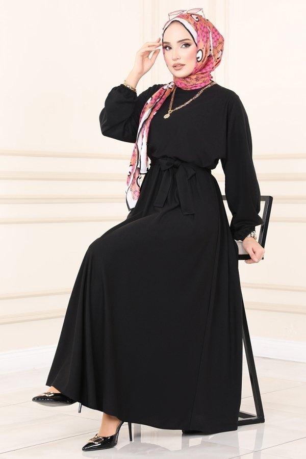 Moda Selvim Siyah Beli Lastikli Scuba Elbise
