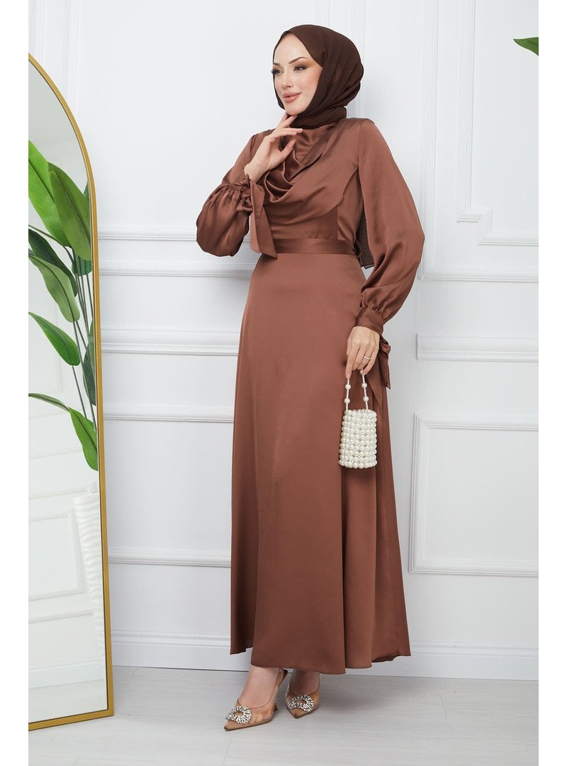 İmaj Butik Kahverengi Yaka Detaylı Kol Bağlamalı Saten Abiye Elbise