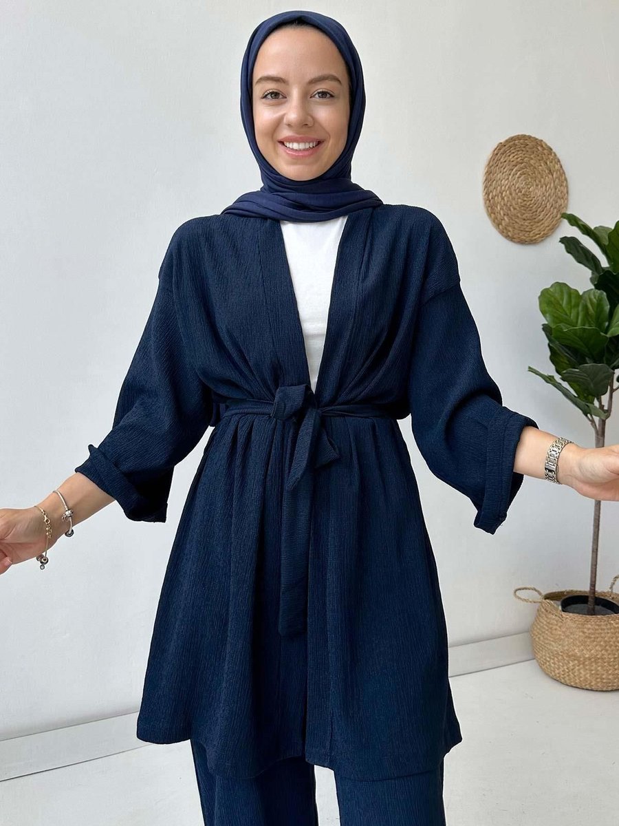 Ka Hijab Fakir Kol Kemerli Kimono İkili Takım Lacivert
