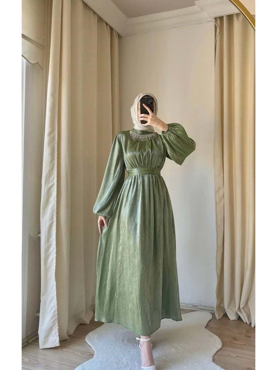 Miss Vishne Elbise Jan Yaka Taş Detay Bel Lastikli Vishne Yeşil