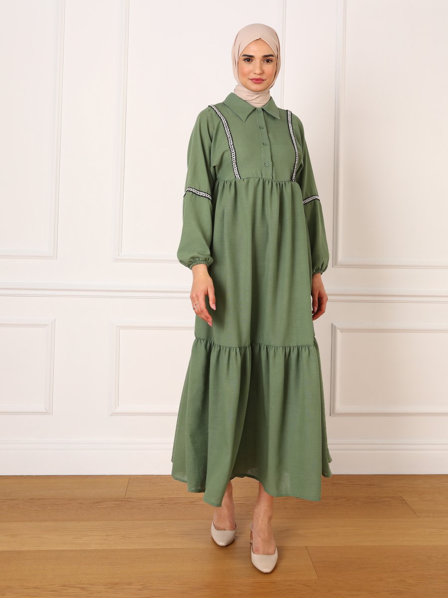 Refka Çağla Şerit Detaylı Yarım Pat Elbise