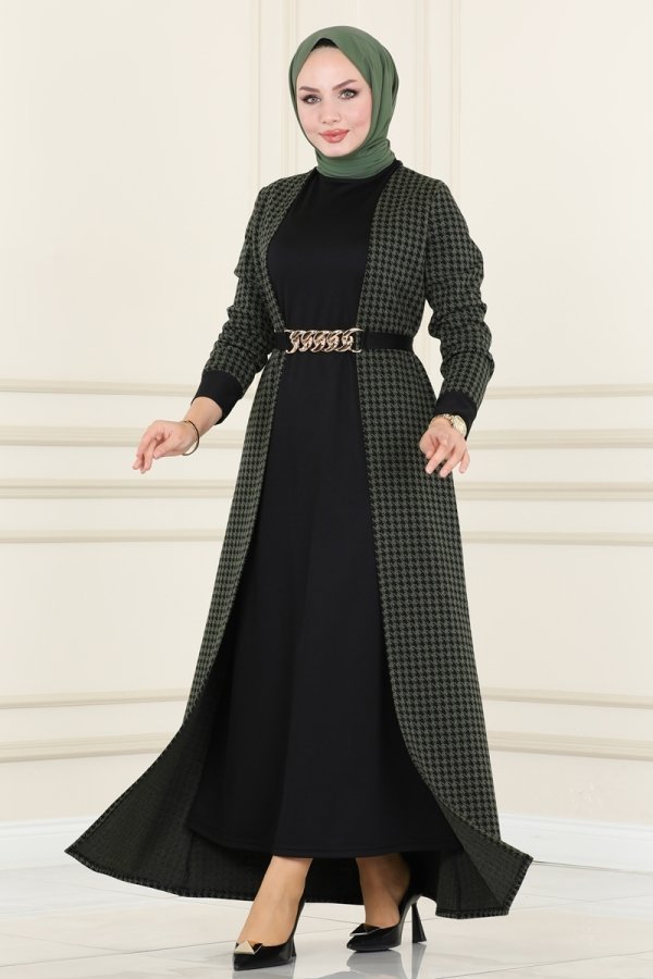 Moda Selvim Haki & Siyah Hırkasıyla Bitişik Kazayağı Elbise
