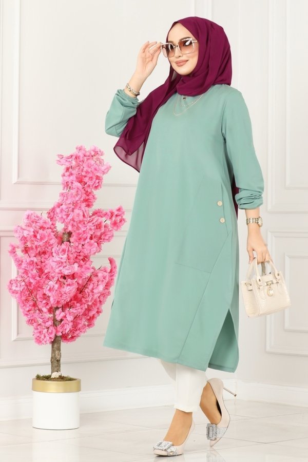 Moda Selvim Mint Cep Detaylı Basic Tunik