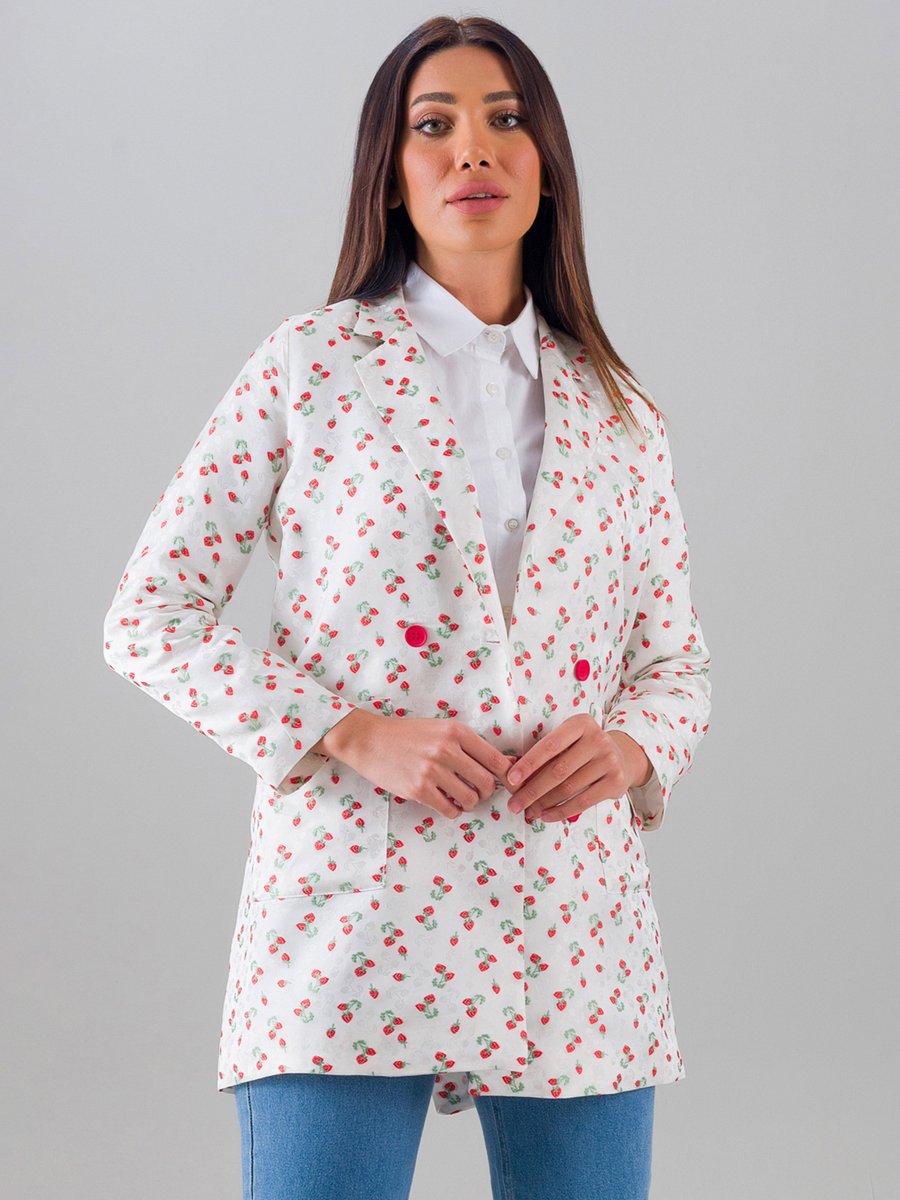 Sahra Afra Ekru Blazer Ceket Çiçek Desenli