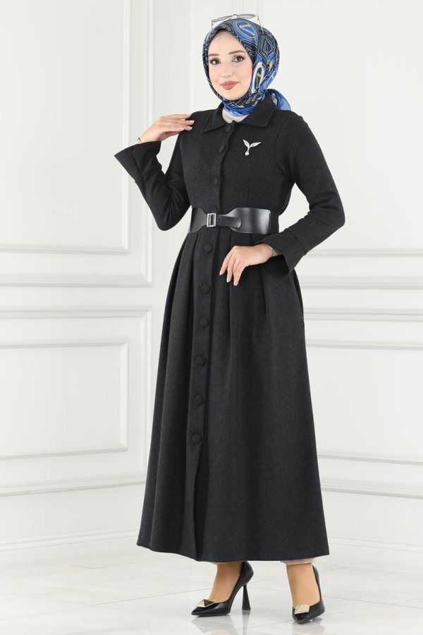Moda Selvim Siyah Deri Kemerli Balıksırtı Ferace & Elbise