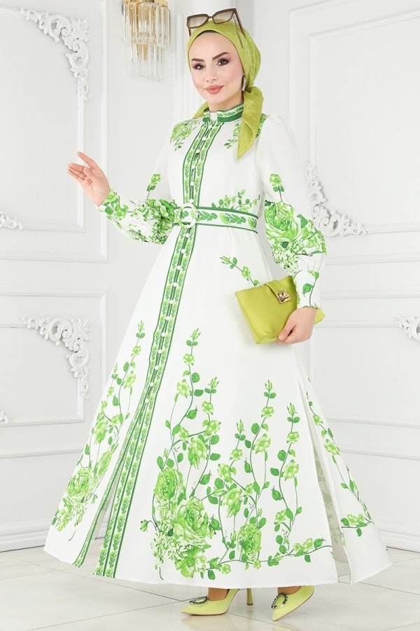 Moda Selvim Yeşil & Ekru Gül Desenli Atlas Elbise