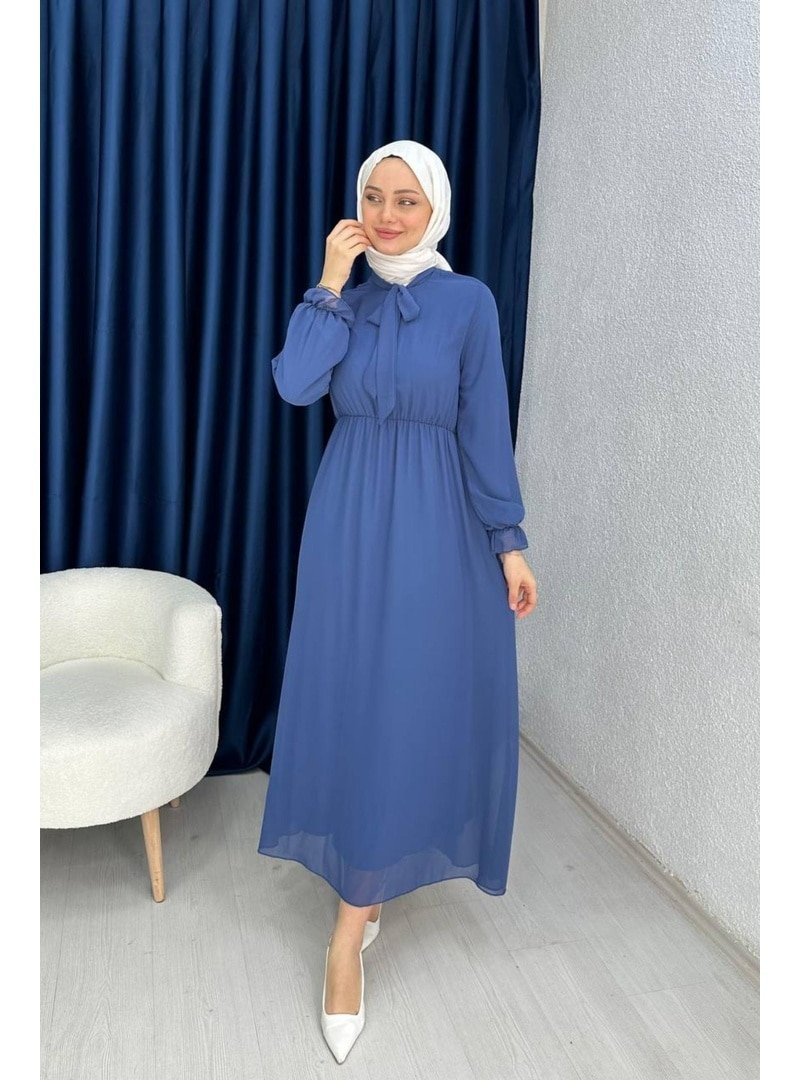Lurex Moda Mavi Yakası Bağlama Detaylı Şifon Elbise