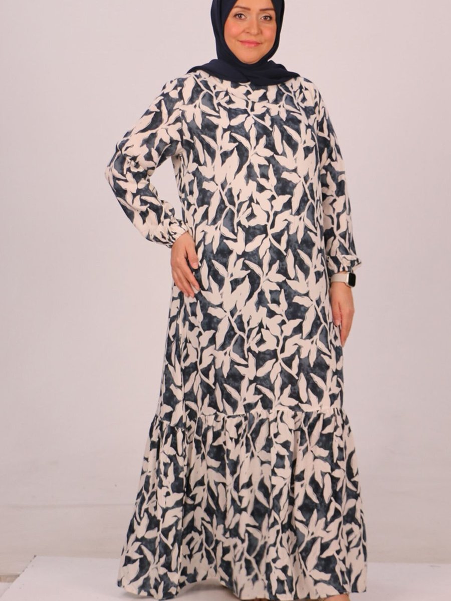 Moda Rosa Lacivert Bej Desenli Büyük Beden Eteği Fırfırlı Belmando Elbise