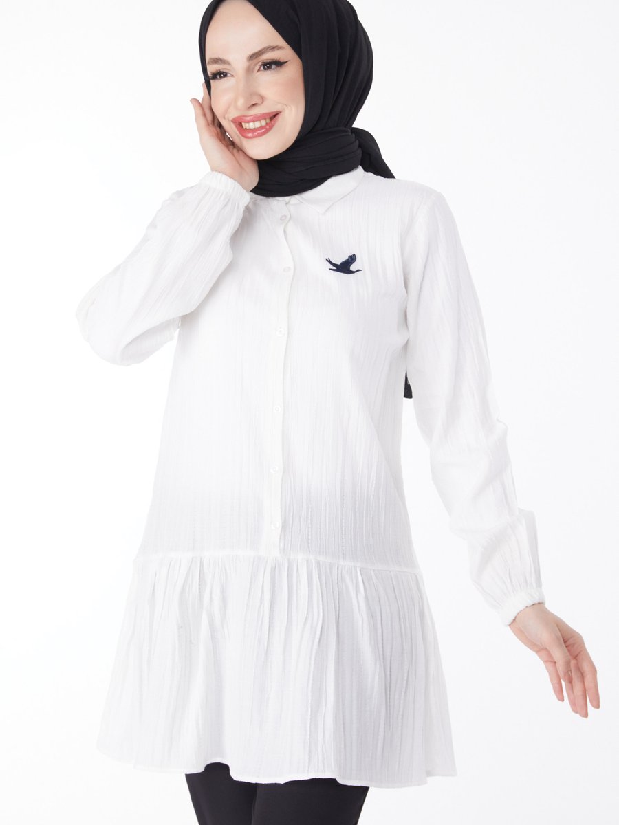 Tofisa Düz Gömlek Yaka Beyaz Kuş Nakış Detaylı Tunik