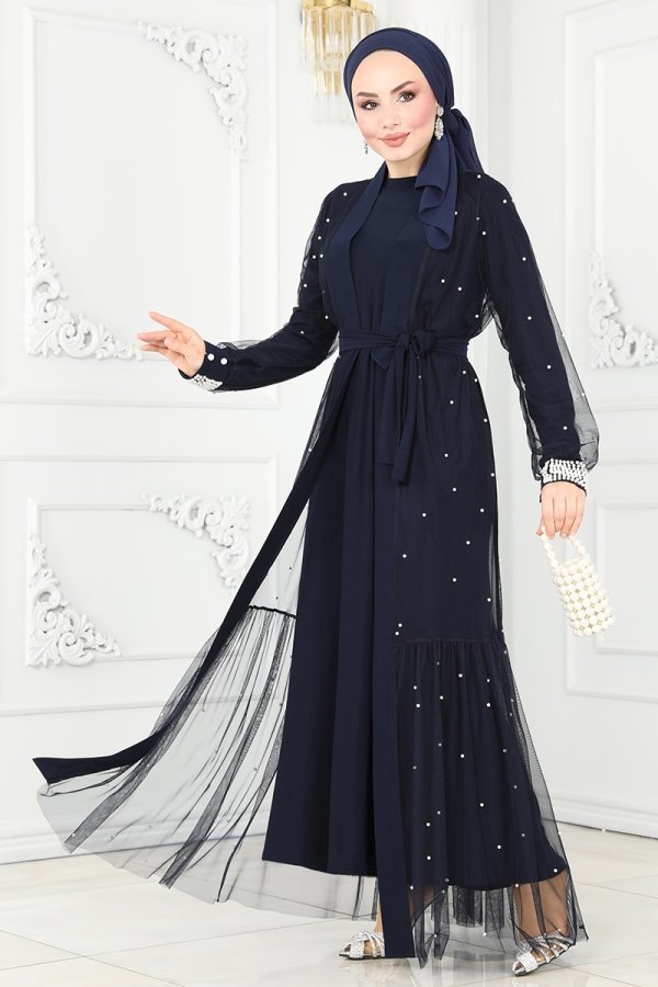 Moda Selvim Lacivert Manşeti İnci Detaylı Abiye Elbise