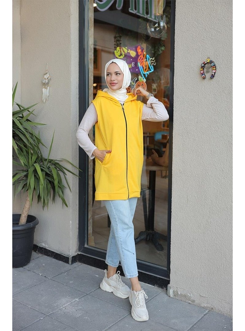 Burcu Fashion Sarı Kapüşonluı Cepli Yelek