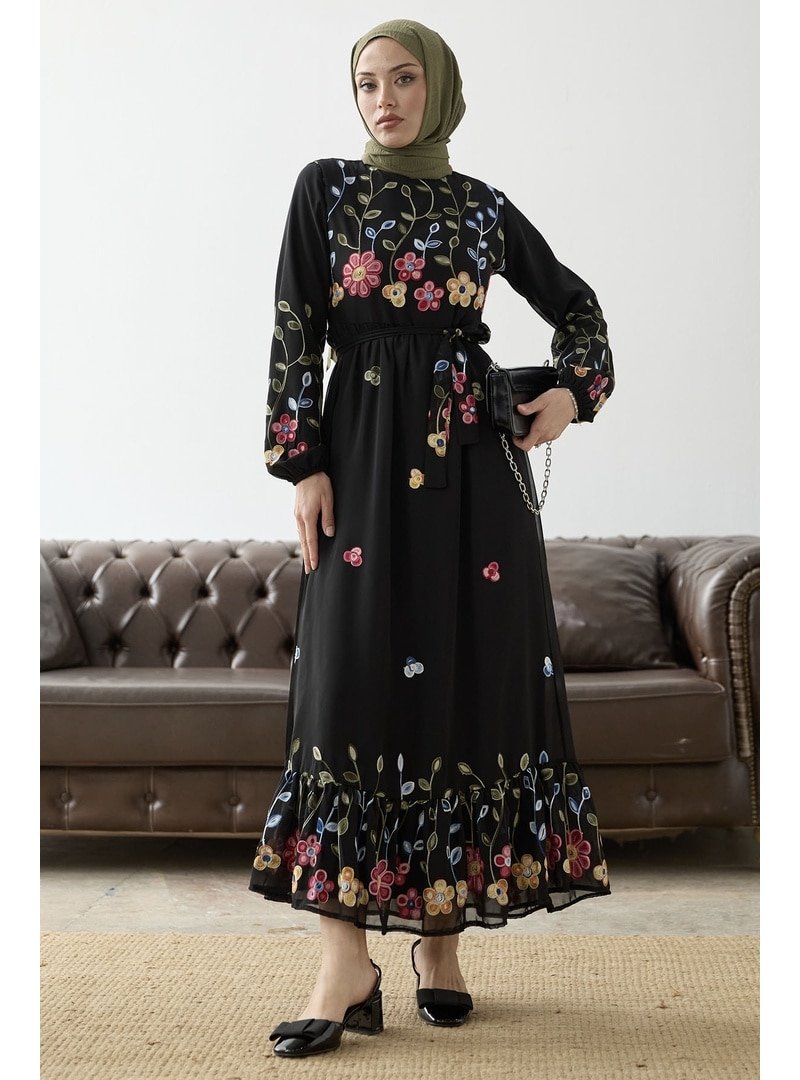 InStyle Siyah Çiçekleri Papatya Şifon Elbise