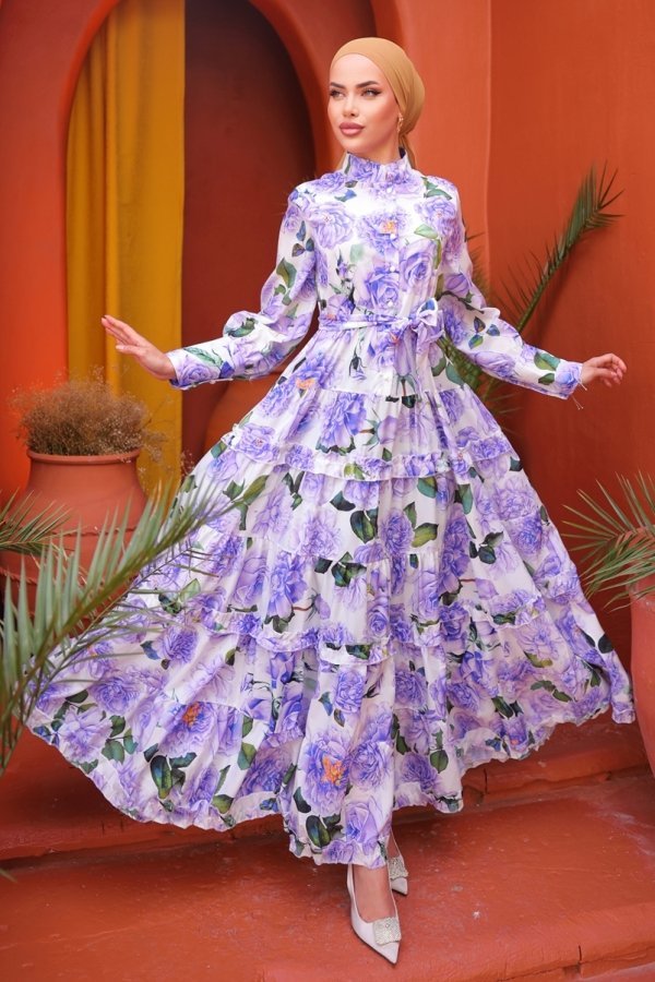 Moda Selvim Lila Eteği Fırfırlı Atlas Elbise