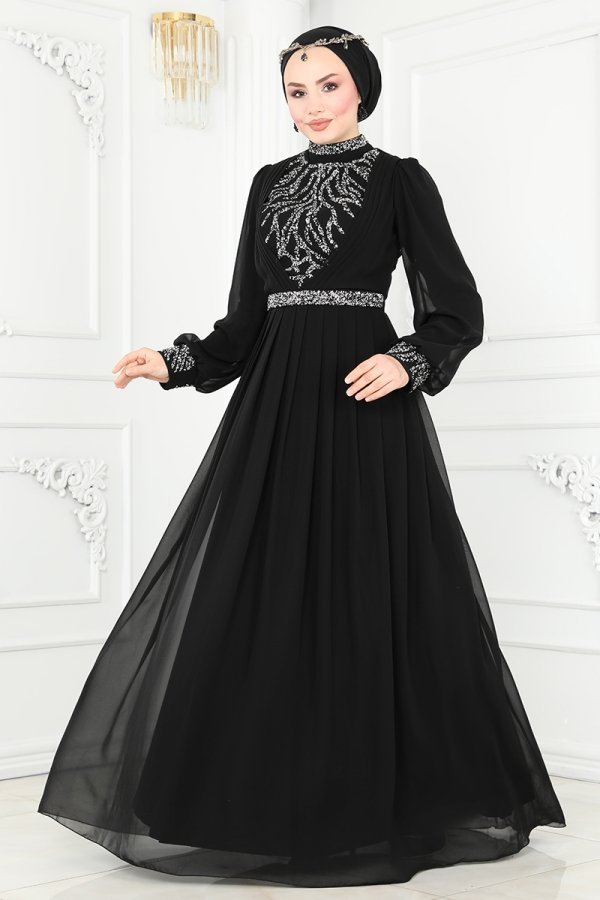 Moda Selvim Siyah Pilise Detaylı Şifon Abiye Elbise