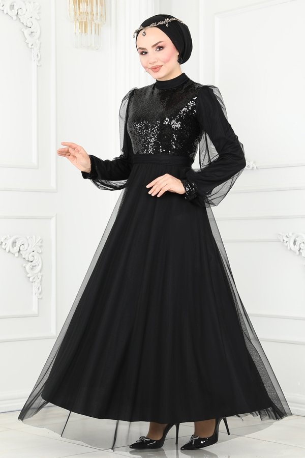 Moda Selvim Siyah Pul Payetli Tül Abiye Elbise