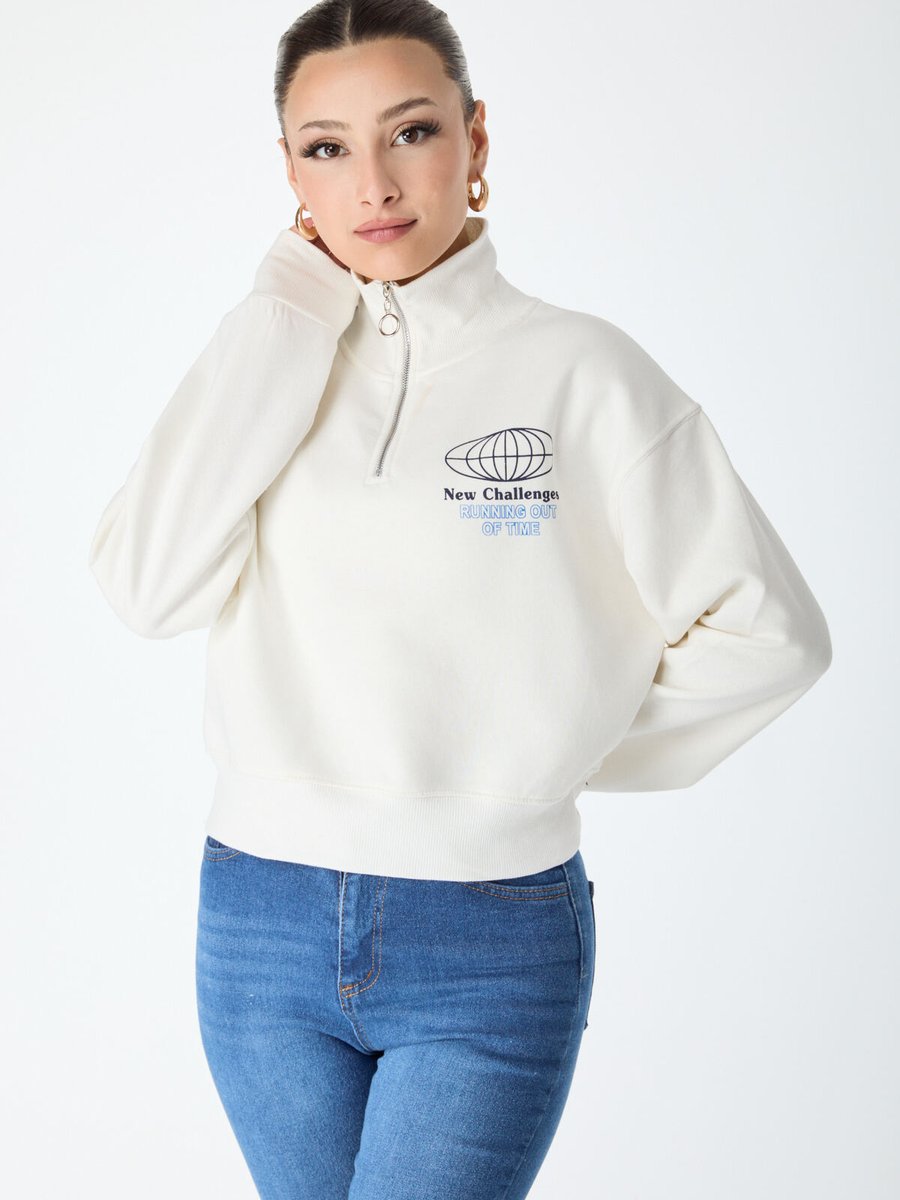 Tofisa Beyaz Yakası Fermuarlı Sweatshirt