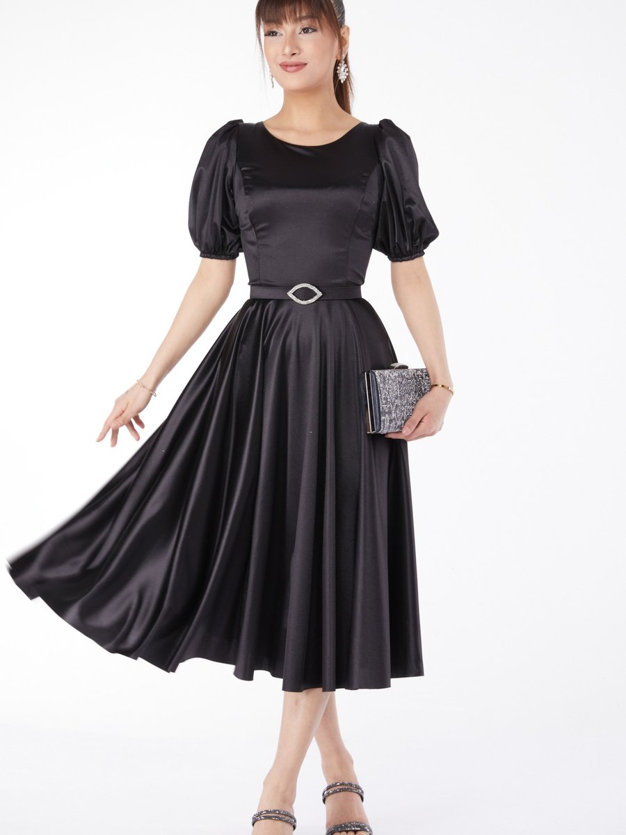 Tofisa Düz Orta Siyah Kollu Lastikli Kermli Elbise