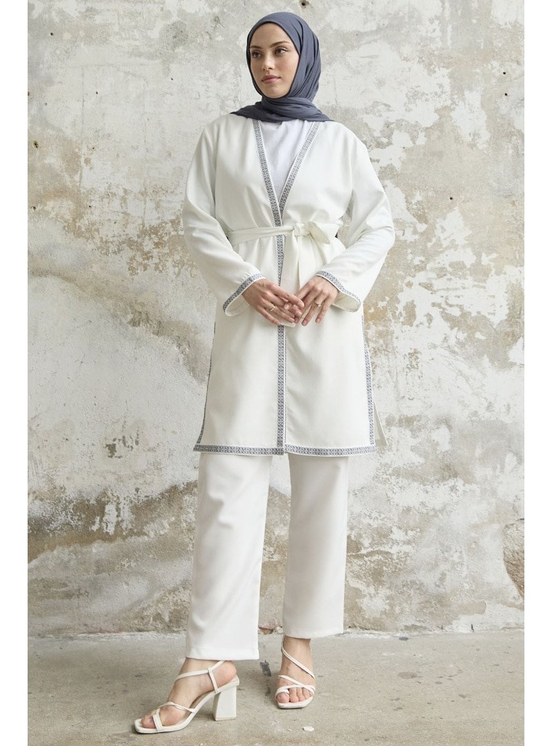 InStyle Beyaz Nakış Desenli Kimono Takım
