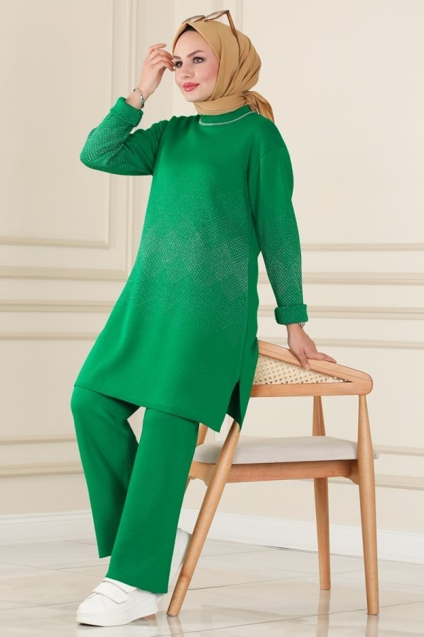 Moda Selvim Benetton Yeşili Taş Detaylı Triko Takım