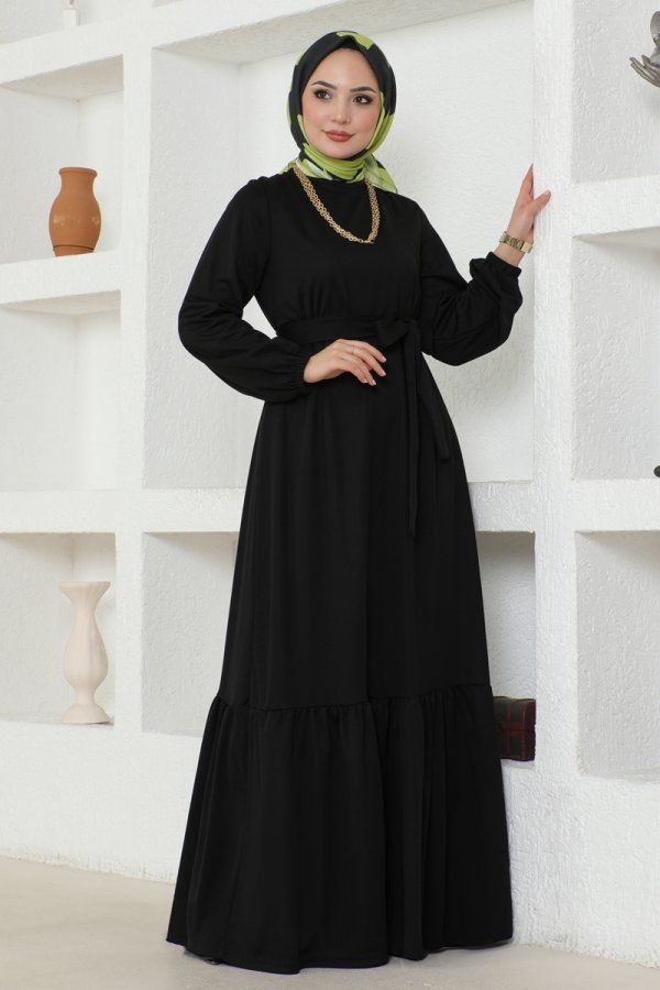 Moda Selvim Siyah Kemerli Mira Elbise