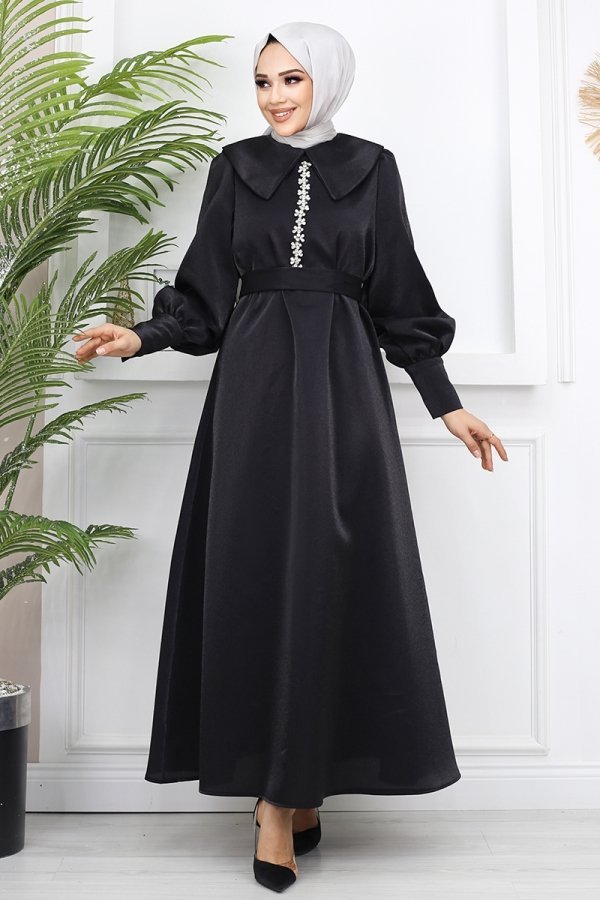 Moda Selvim Siyah Kemerli Işıltılı Saten Abiye Elbise