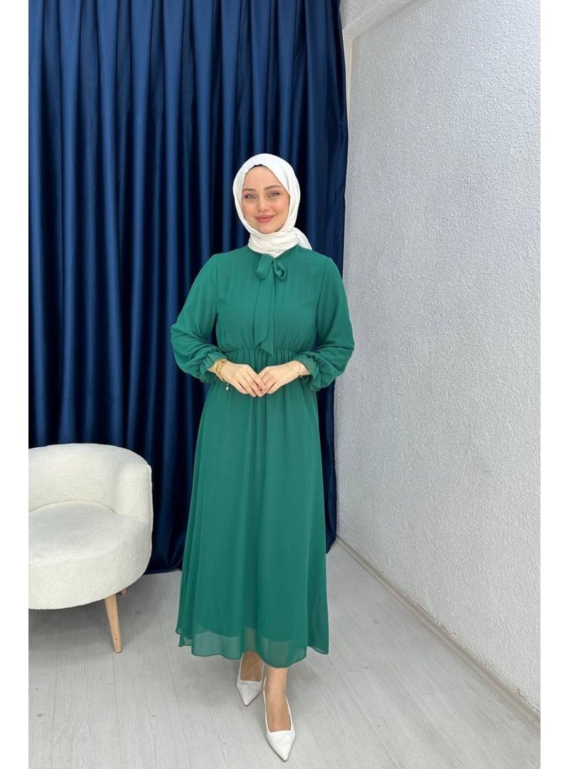 Lurex Moda Yeşil Yakası Bağlama Detaylı Şifon Elbise