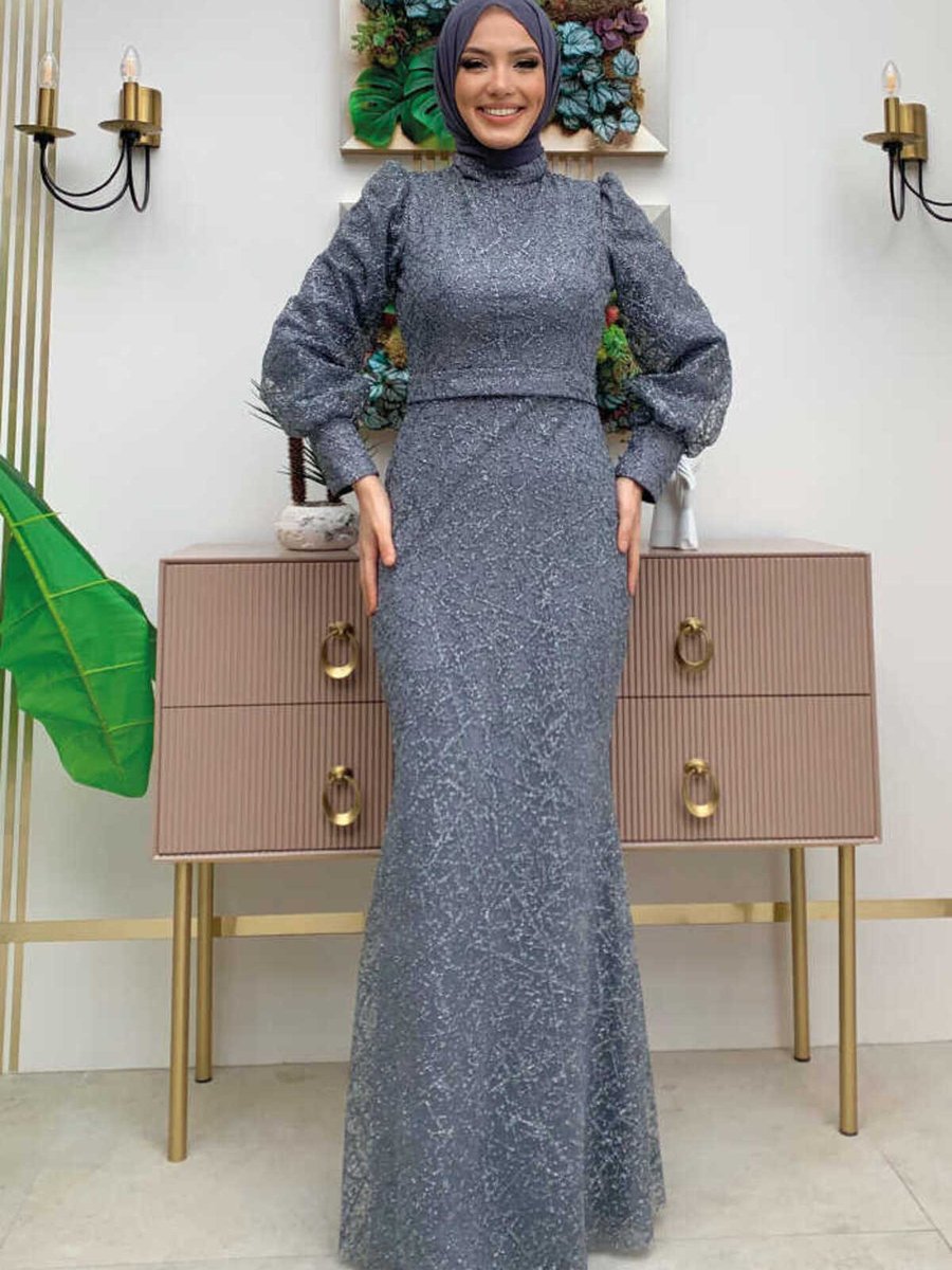 Bym Fashion Desenli Balonkol Görünümlü Simli Abiye Elbise Gri