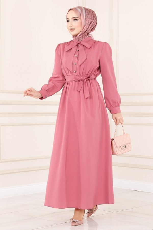 Moda Selvim Gül Kurusu Yakası Bağlamalı Terikoton Elbise