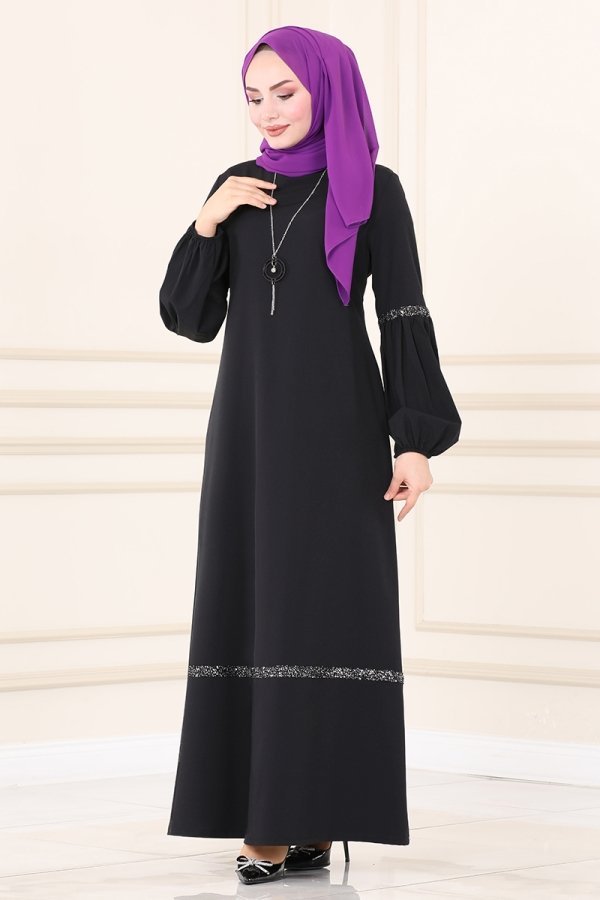 Moda Selvim Siyah Pul Detaylı Krep Elbise