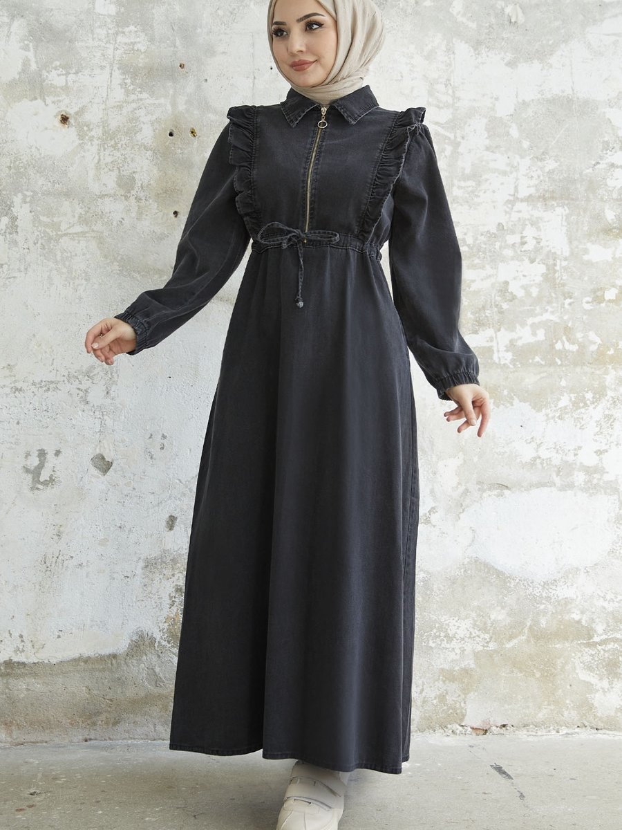 Instyle Fırfırlı Detay Tünel Kemerli Kot Elbise Siyah