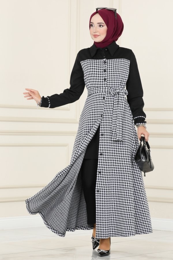 Moda Selvim Siyah & Ekru Kazayağı Desenli Kışlık Elbise & Ferace