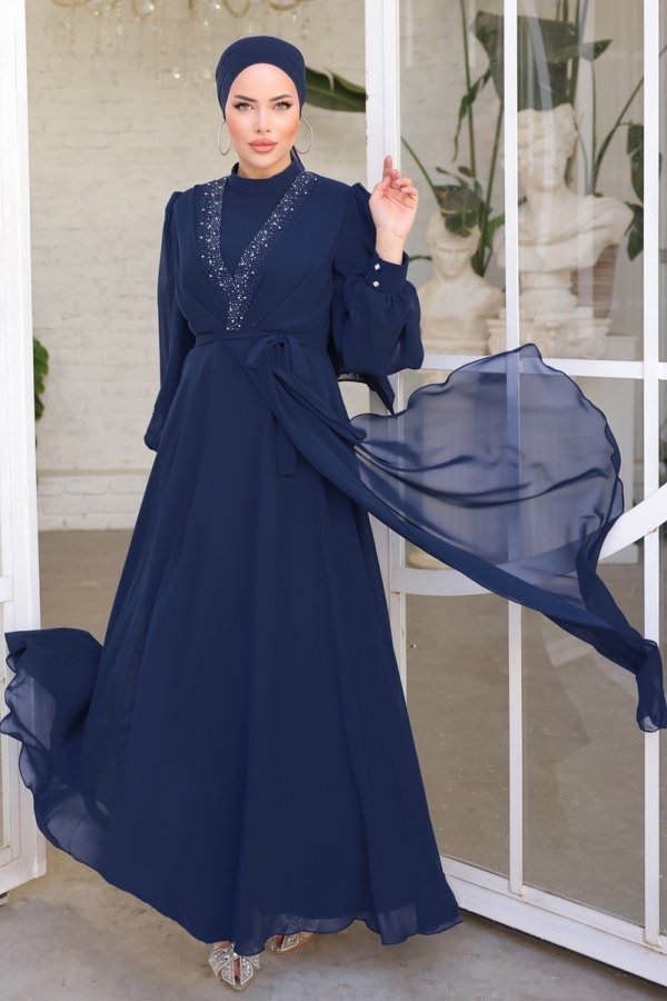 Moda Selvim Lacivert Taş İşlemeli Şifon Abiye Elbise