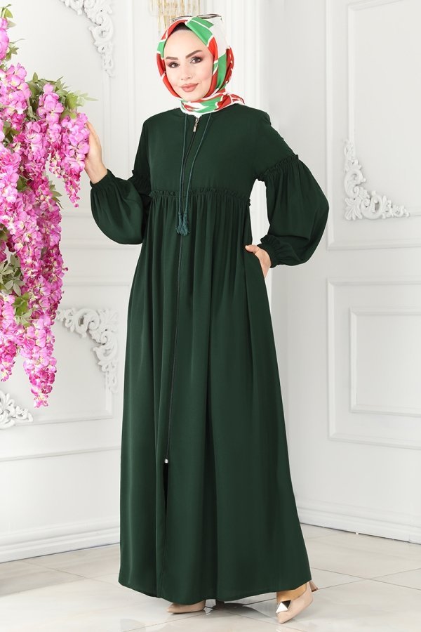 Moda Selvim Zümrüt Balon Kollu Medine İpeği Ferace Moda Selvim Zümrüt Balon Kollu Medine İpeği Ferace